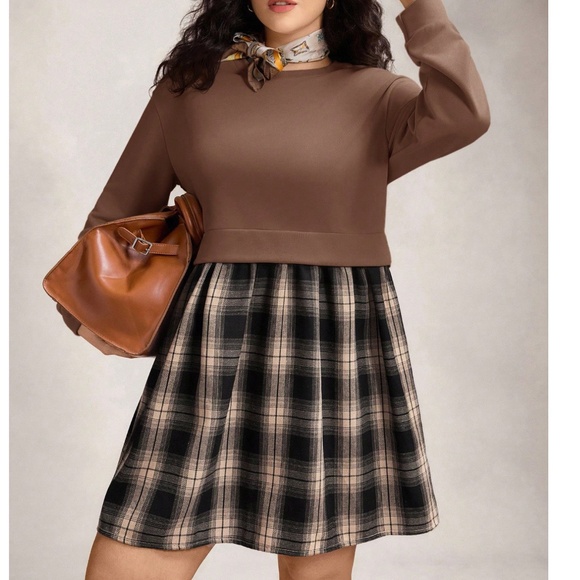 Plus 2 in 1 Sweater Plaid Print Dress - Picture 3 of 7